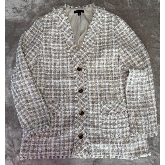 Ann Taylor Ivory Multicolor Plaid Tweed Fringe Jacket Collarless Blazer Size 14 - Picture 1 of 8